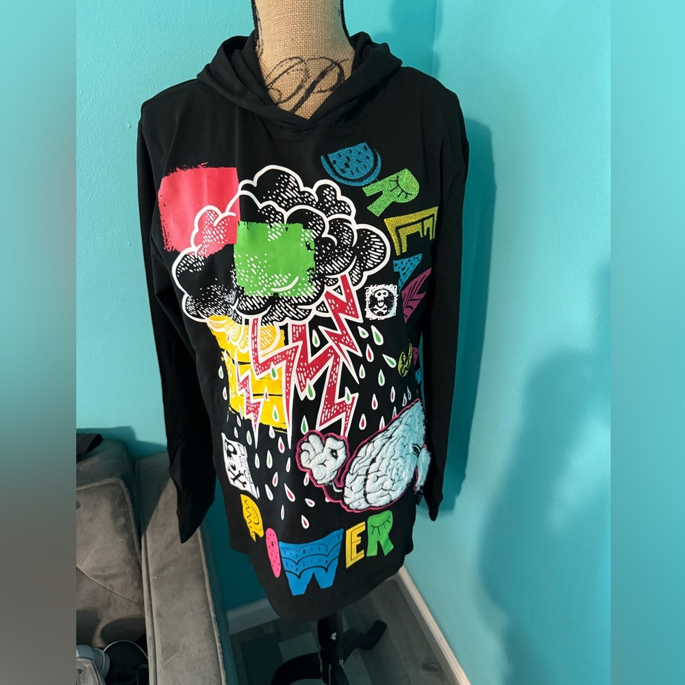 NWT Create 2mrw Dreams of PowerBlack Long Sleeve Hoodie w/Neon Graphics Size L